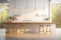 Interior of modern kitchen with white walls, wooden floor, white countertops and wooden bar with stools Royalty Free Stock Photo