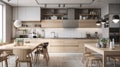 Interior of modern kitchen with white and wooden walls, floor, white cupboards and bar with stools. Scandinavian style Royalty Free Stock Photo