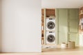 White and green laundry room interior with blank wall Royalty Free Stock Photo