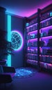 Interior of modern library with bookshelf, bookshelf and neon lights. 3D rendering Royalty Free Stock Photo