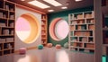 Interior of modern library with bookshelf and round shelves. 3d render Royalty Free Stock Photo