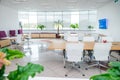 Interior of modern light empty open space office with big windows, table desks, chairs and green plants. Coworking workplace conce Royalty Free Stock Photo