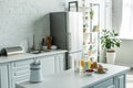 interior of modern light kitchen with fridge Royalty Free Stock Photo