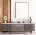 Interior of modern living room with black sideboard over white wall with wooden paneling. Contemporary room with dresser. Home Royalty Free Stock Photo