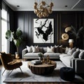 Interior of modern living room with black wallsle floor, comfortable white sofa, coffee table with gold and black armchairs and