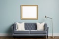 Interior of modern living room with blue sofa and blank picture frame. Mock up, 3D Rendering, Interior mockup with picture frame Royalty Free Stock Photo