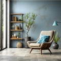 Interior of modern living room with blue walls, tiled floor, comfortable armchair and bookcase with books. ia generated