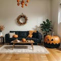 Interior of modern living room with comfortable sofa chair table and pumpkins Royalty Free Stock Photo