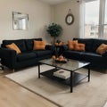 Interior of modern living room with comfortable sofa chair table and pumpkins Royalty Free Stock Photo