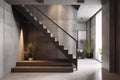 Interior of modern living room with concrete walls, concrete floor, dark gray staircase and window Royalty Free Stock Photo