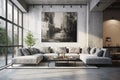 Interior of modern living room with concrete walls, concrete floor, gray sofa and coffee table. 3d rendering, Interior of modern Royalty Free Stock Photo