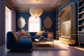 Interior of modern living room with dark blue walls, wooden floor, orange sofa and armchair. 3d rendering Royalty Free Stock Photo