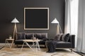 Interior of modern living room with dark gray walls, comfortable sofa and coffee table with books. Mock up poster frame, Mockup Royalty Free Stock Photo