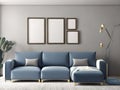 Interior of modern living room with empty white picture frames on wall. Royalty Free Stock Photo