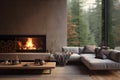 Interior of modern living room with fireplace and sofa 3D rendering. ia generated Royalty Free Stock Photo