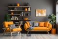 Interior of modern living room with gray wall, with orange sofa, armchair and bookcase. ia generated Royalty Free Stock Photo