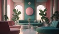 Interior of modern living room with green and pink walls, concrete floor, comfortable sofa and round mirror. 3d rendering Royalty Free Stock Photo