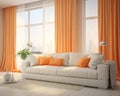 The interior of a modern living room has an orange curtns white sofa and a big window. Royalty Free Stock Photo