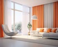 The interior of a modern living room has an orange curtns white sofa and a big window. Royalty Free Stock Photo