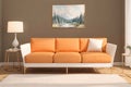 Interior of modern living room with orange sofa.