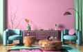 Interior of modern living room with purple sideboard over pink stucco wall. Contemporary room with dresser and coffee tables and