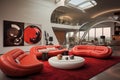 Interior of a modern living room with red leather sofas. Ai Generated Royalty Free Stock Photo
