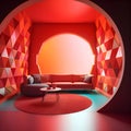 Interior of modern living room with red and orange geometric pattern. 3D rendering Royalty Free Stock Photo