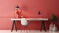 Interior of modern living room with red walls, white table and chair. Minimalistic style.