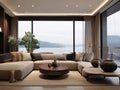 Interior of modern living room with sea view, sofa