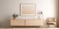 Interior of modern living room with sideboard and empty frame over beige wall. Contemporary room Royalty Free Stock Photo