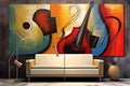 Interior of modern living room with sofa, guitar, lamp and wall painting Royalty Free Stock Photo