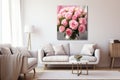 Interior of modern living room with white sofa and pink flowers. 3d render, petals rose collection pink roses vase table favorite