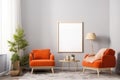 Interior of modern living room with white walls, tiled floor, orange sofa, coffee table with orange. Vertical mock up poster frame