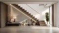 Interior of modern living room with white walls, tiled floor, wooden staircase and white walls. 3d rendering Generative AI Royalty Free Stock Photo