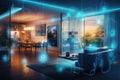 Interior of modern living room with white walls, wooden floor, blue hologram screens, A smart home interior connected with an Royalty Free Stock Photo