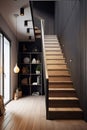 Interior of modern living room with wooden staircase and bookshelf. Scandinavian style