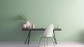 Interior of modern living room with wooden table and chair. Minimalistic style. Mint, green pastel colors.