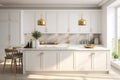 Interior of modern luxurious classic kitchen. White cabinets with gilded handles, kitchen island with white marble