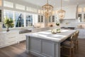 Interior of modern luxurious kitchen classic style. White cabinets with gilded handles, kitchen island with white marble Royalty Free Stock Photo