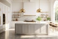 Interior of modern luxurious kitchen classic style. White cabinets with gilded handles, kitchen island with white marble Royalty Free Stock Photo