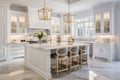 Interior of modern luxurious kitchen classic style. White cabinets with gilded handles, kitchen island with white marble