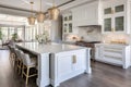 Interior of modern luxurious kitchen classic style. White cabinets with gilded handles, kitchen island with white marble