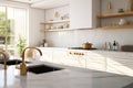 Interior of modern luxurious kitchen classic style. White cabinets with gilded handles, kitchen island with white marble