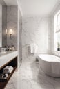 Interior of modern and luxury bathroom with white marble carrara walls and floor, white bathtub and shower Royalty Free Stock Photo