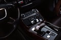 Interior of modern luxury car. Details of automatic transmission gear shift, multimedia control system, car control