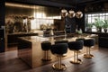 Interior of modern luxury kitchen with black and gold walls, wooden floor, marble countertop and bar with stools Royalty Free Stock Photo