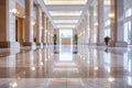 Interior of modern luxury lobby of commercial building, clean shiny floor in hall after professional care, perspective view.