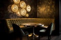 Interior of modern luxury restaurant, golden table with couch, generative AI