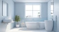 Interior of modern luxury scandi bathroom with white walls and window. Free standing bath, two wash basins and wall Royalty Free Stock Photo