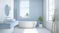 Interior of modern luxury scandi bathroom with window and white walls. Free standing bath, bowl-shape wash basin, round Royalty Free Stock Photo